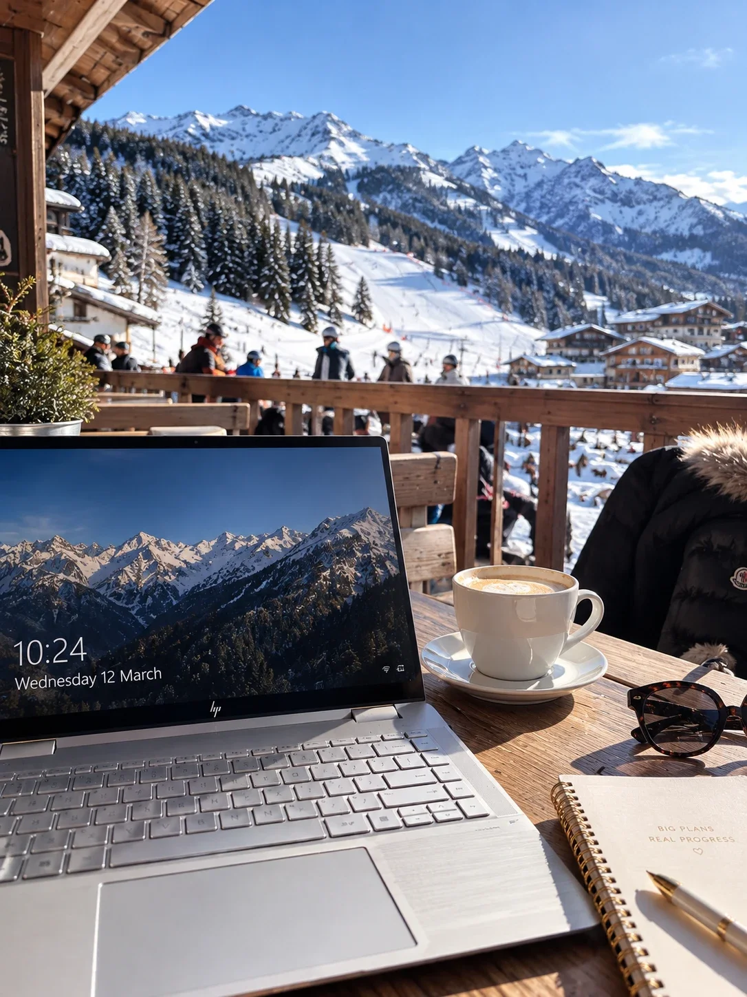 Laptop beside a coffee and notebook on a chalet terrace overlooking a snowy ski slope